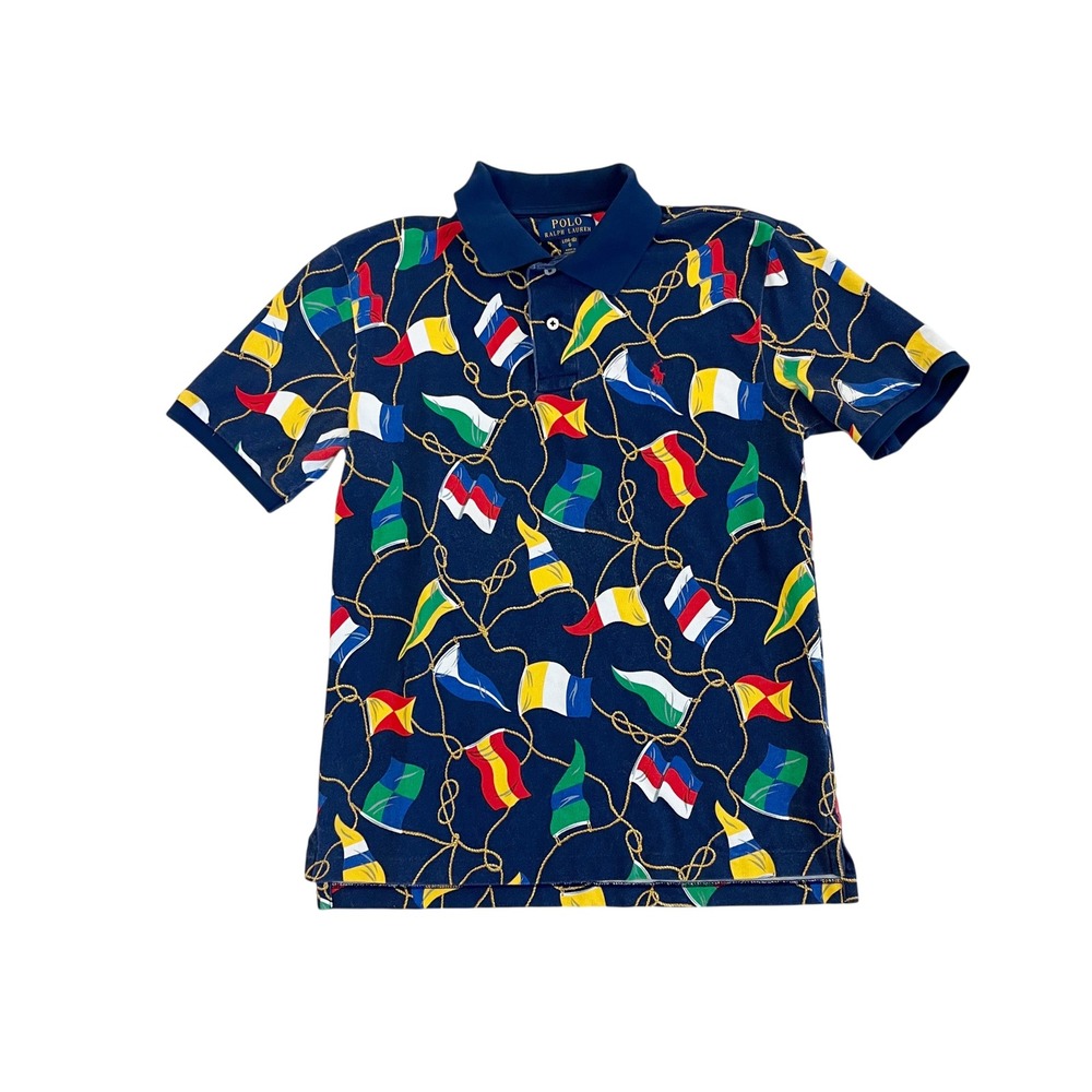 Polo Ralph Lauren Boys Navy Nautical Flag Print Polo Shirt Size L 14-16 Cotton